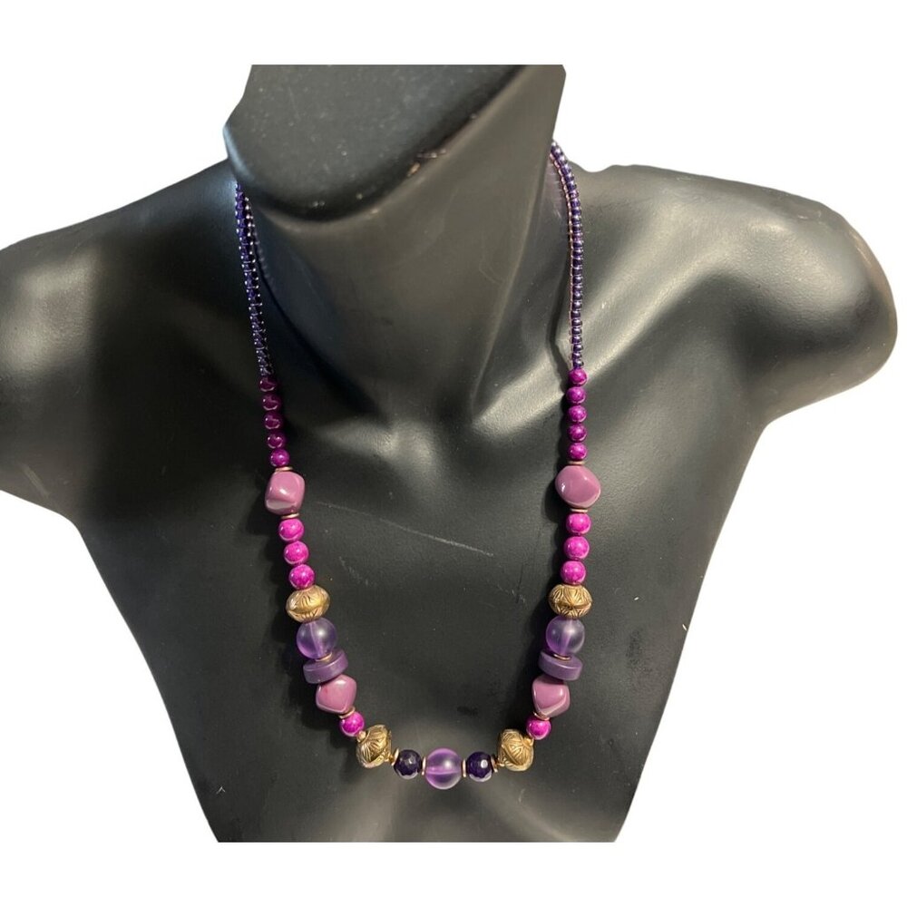Vintage Carol Kent Purple Beaded Necklace With Gold-Tone Accents & Adjustable Ch